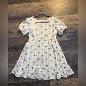 White and Blue Floral Print Babydoll Mini Dress Small Cotton Women's White Blue